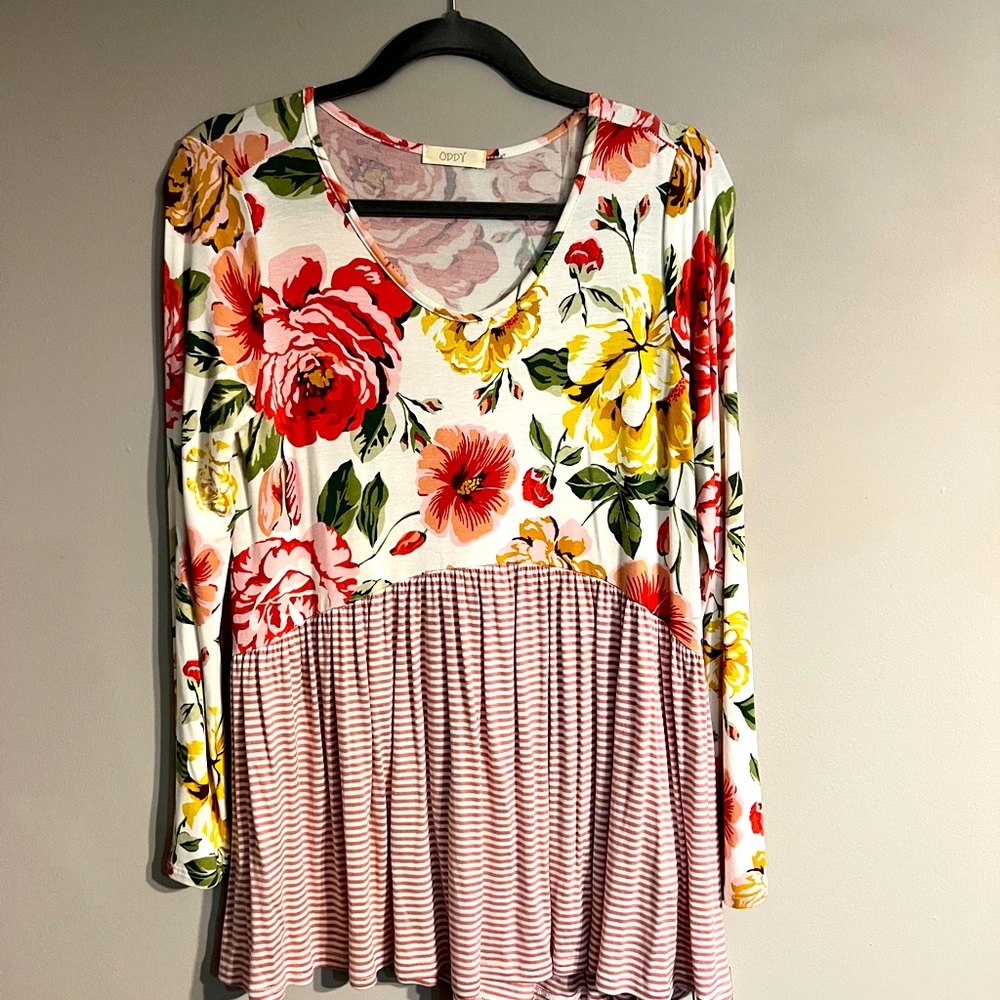 Oddy Womens Striped & Floral Soft Rayon Babydoll Blouse Top Size Medium USA